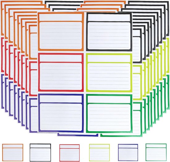 Grande pile d'étiquettes orange, rouge, violet, noir, vert et bleu. Chaque étiquette a une zone d'écriture blanche lignée.