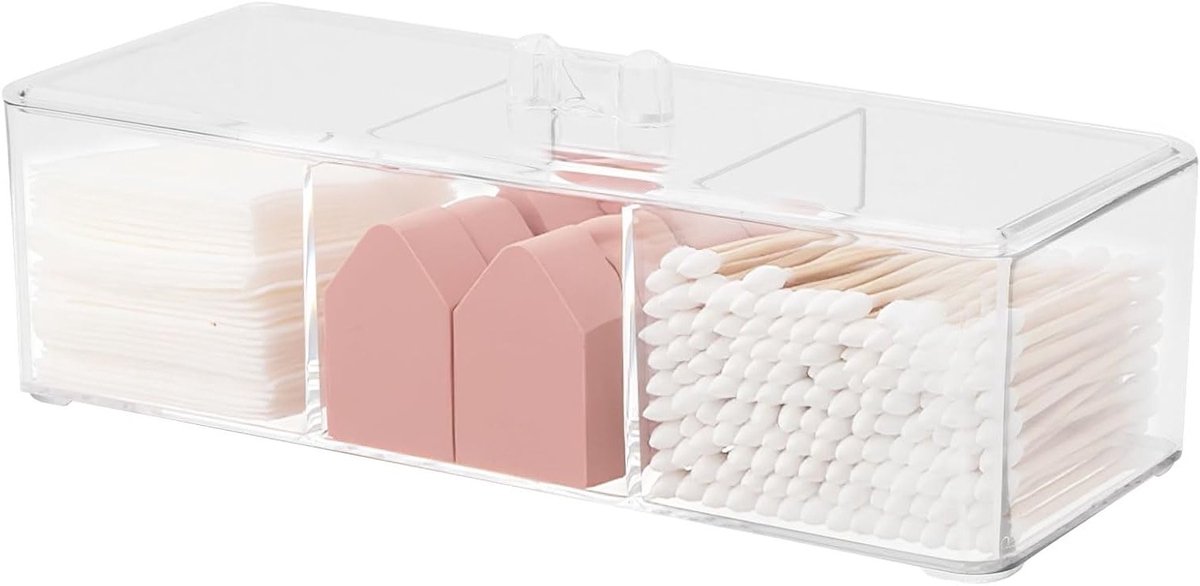Cotton Swab Houder met 3 Compartimenten - Transparante Organizer voor Badkamer en Keuken, Stapelbare Plastic Doos met Deksel voor Make-up en Wattenpads Opslag