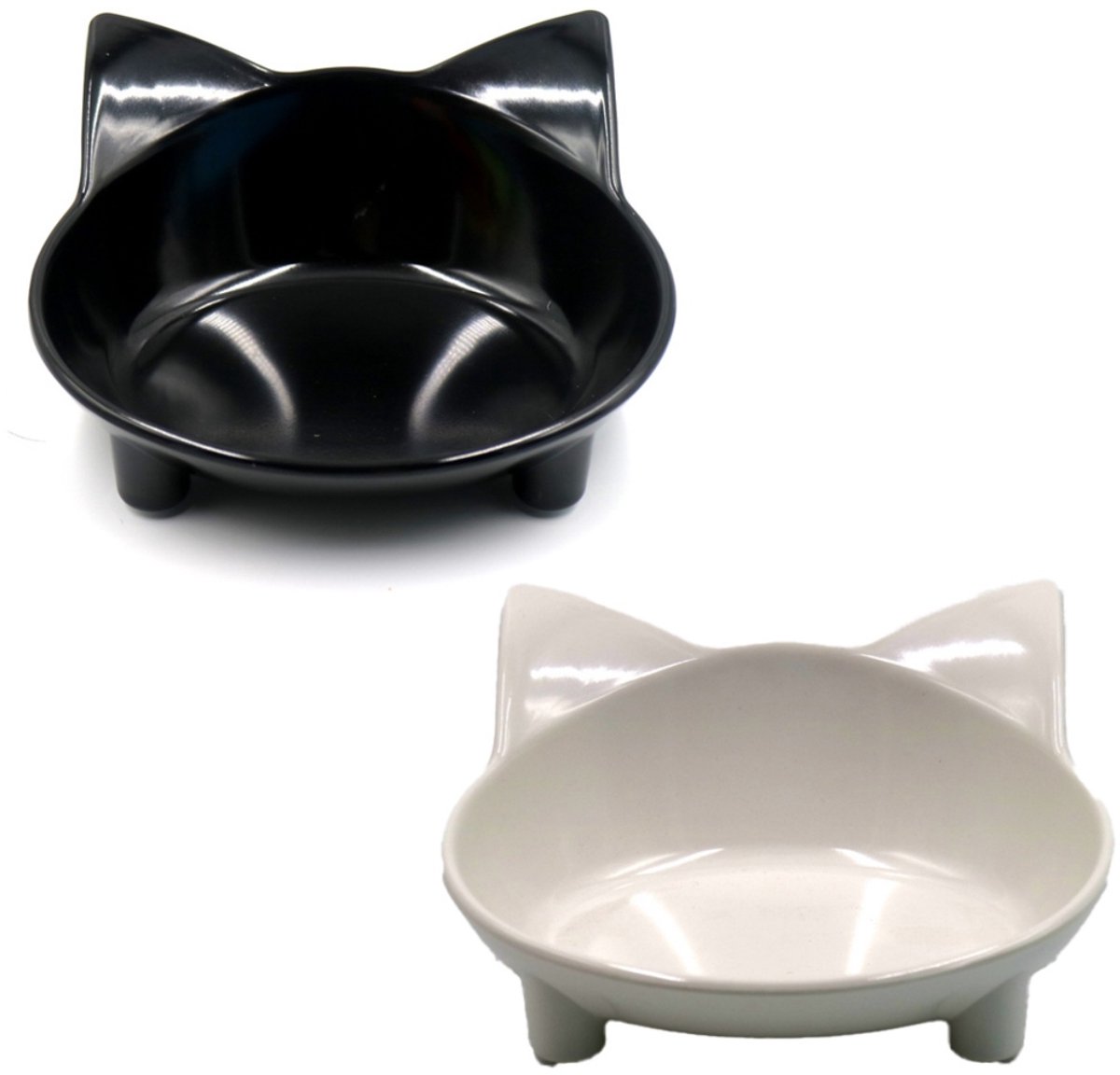 TOVBMUP antislip voerbakjes voor katten- en waterbakken - Met kattenkopjes vorm - Inhoud per voerbak 210 ml - Wit en zwart - Set van 2 voer