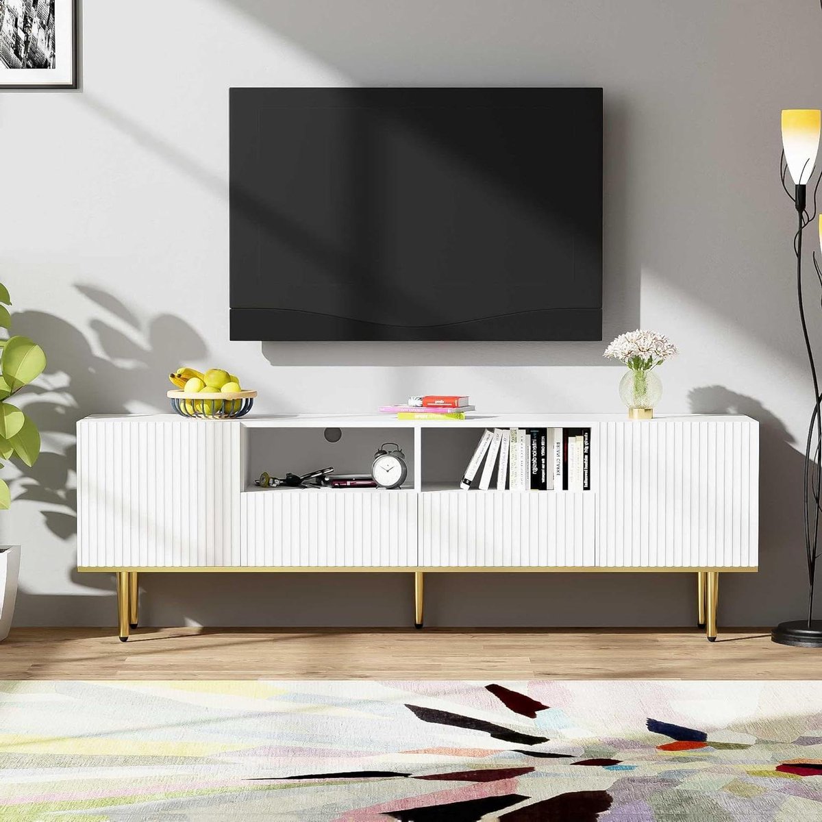 TV Meubel - Mediabox Kast - Woonkamer Opbergen - Gouden Accenten - 165 cm Breed - Wit