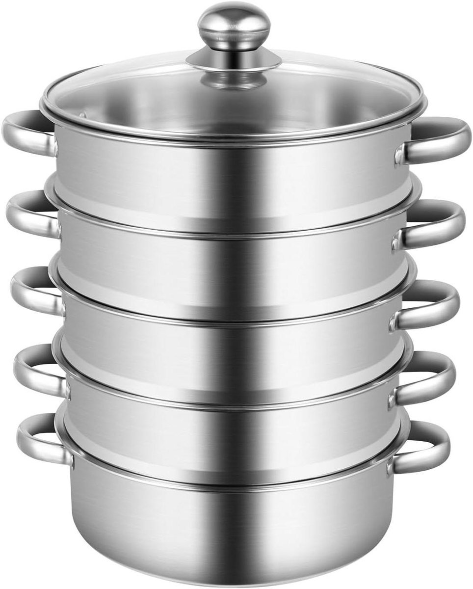 Stoompan Set - Kookpan Stomer - Gezond Koken - Vijf Lagen - 26 cm - Zilver