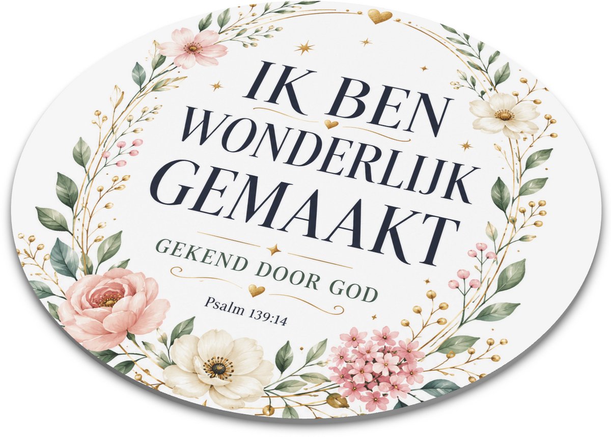 Ronde Muismat Christelijk Meisje - Ik Ben Wonderlijk Gemaakt Psalm 139:14 - Bijbeltekst met Aquarel Roze Bloemen Krans - 22x22 cm