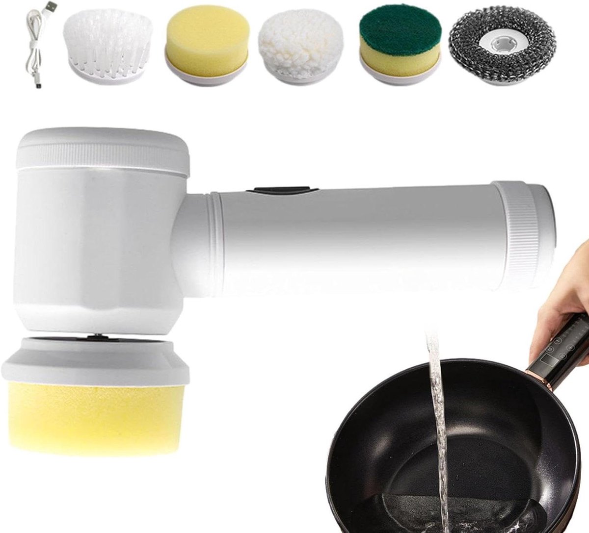 Elektrische Schrobber - Reinigingsapparaat - Badkamer keuken - 5 verwisselbare koppen - 21.4L x 12.7B - Grijs