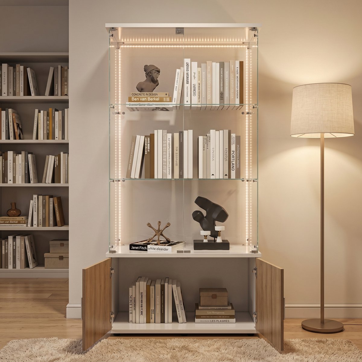 Glazen Vitrine, LED-Displaykast, 3 Lagen, 4 Deuren, Showroomvitrine, Tentoonstellingsvitrine, Geschikt Voor alle Situaties die Sfeeropslag Vereisen ((Lichtstrip (Wit))