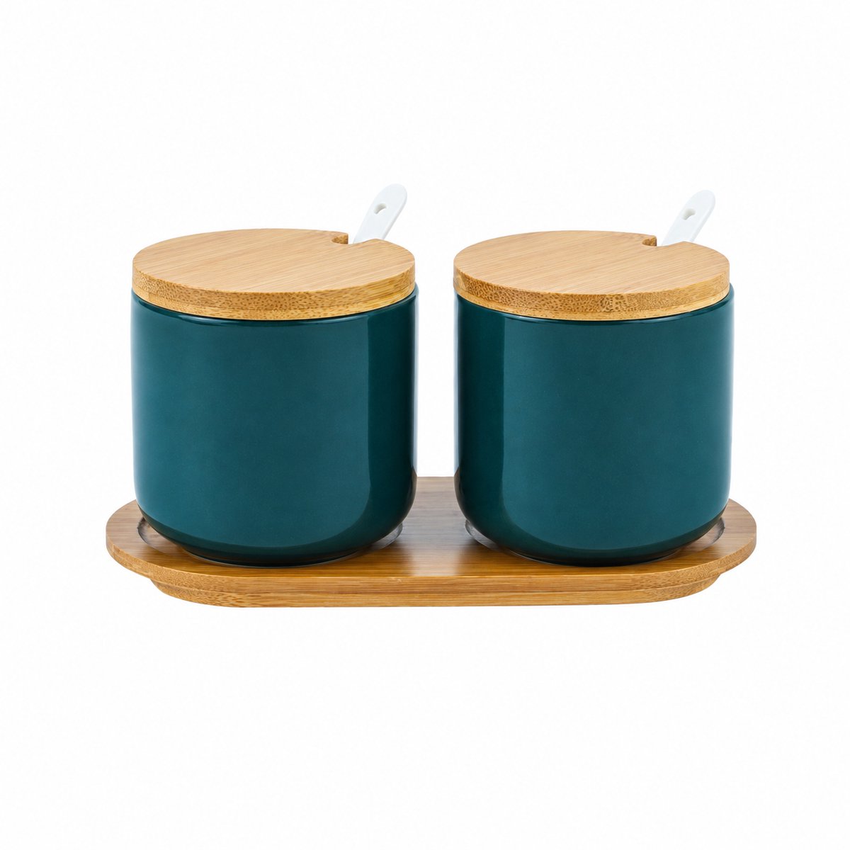 Keramische-Suikerpotjes-Set - 2-Stuks - groente- Bamboe-Deksel - Inclusief-Lepels-Dienblad - Luxe-Kruidenpotjes - 260ml