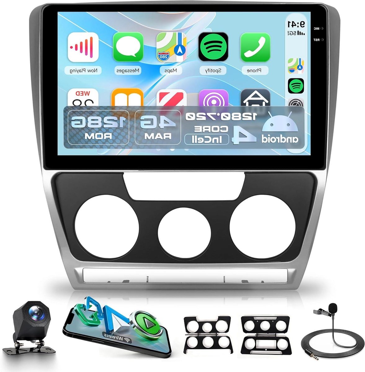 Autoradio Android - Auto multimedia - Navigatie Muziek - Draadloze CarPlay - 9 inch - Zwart