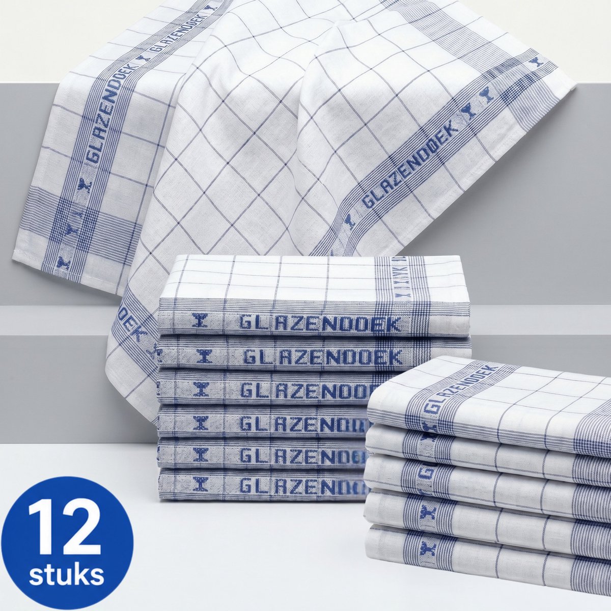Horeca Glazendoeken – 12 Stuks – 65x65 cm – Blauw Geruit – 45% Katoen / 55% Ramee-Linnen