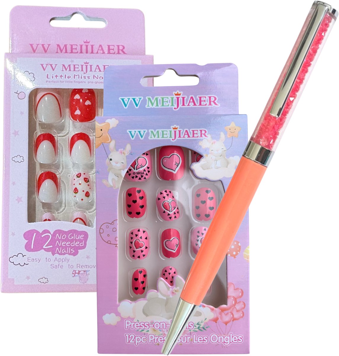 Plaknagels Duo Set | 2 x 12 Nepnagels | Met Gratis Diamant Pen | voor Kinderen | Geen Lijm Nodig