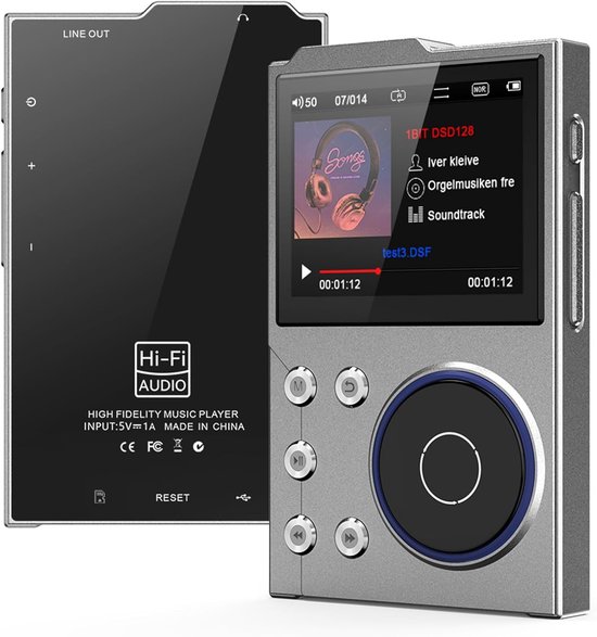 Zilverkleurige HIFI muziekspeler met een zwart glanzende achterkant en de tekst 'Hi-Fi AUDIO'.