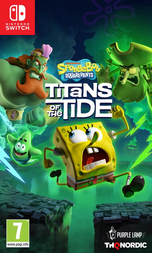 Cover van de game 'SpongeBob SquarePants: Titans of the Tide' met Spongebob en andere personages.
