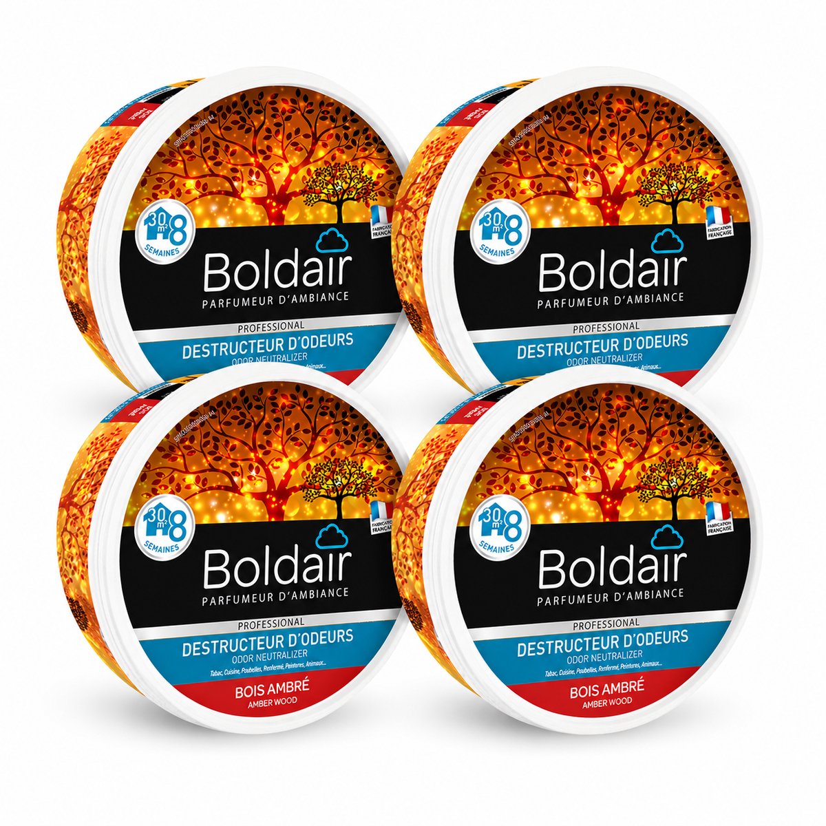 Boldair Geurverdrijver Gel Ambre 300 g - Set van 4 Stuks - Professionele Luchtverfrisser Geurneutralisator - 8 Weken Werking tot 30 m² - Made in France Grasse