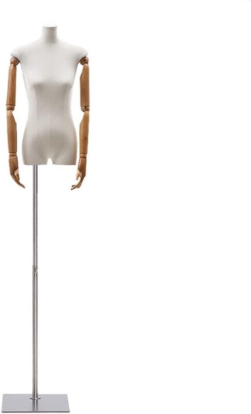 Paspop Vrouw - Etalagefiguur Linnen - Kleding Presenteren - Massief Houten Arm - Verstelbare Hoogte - Beige