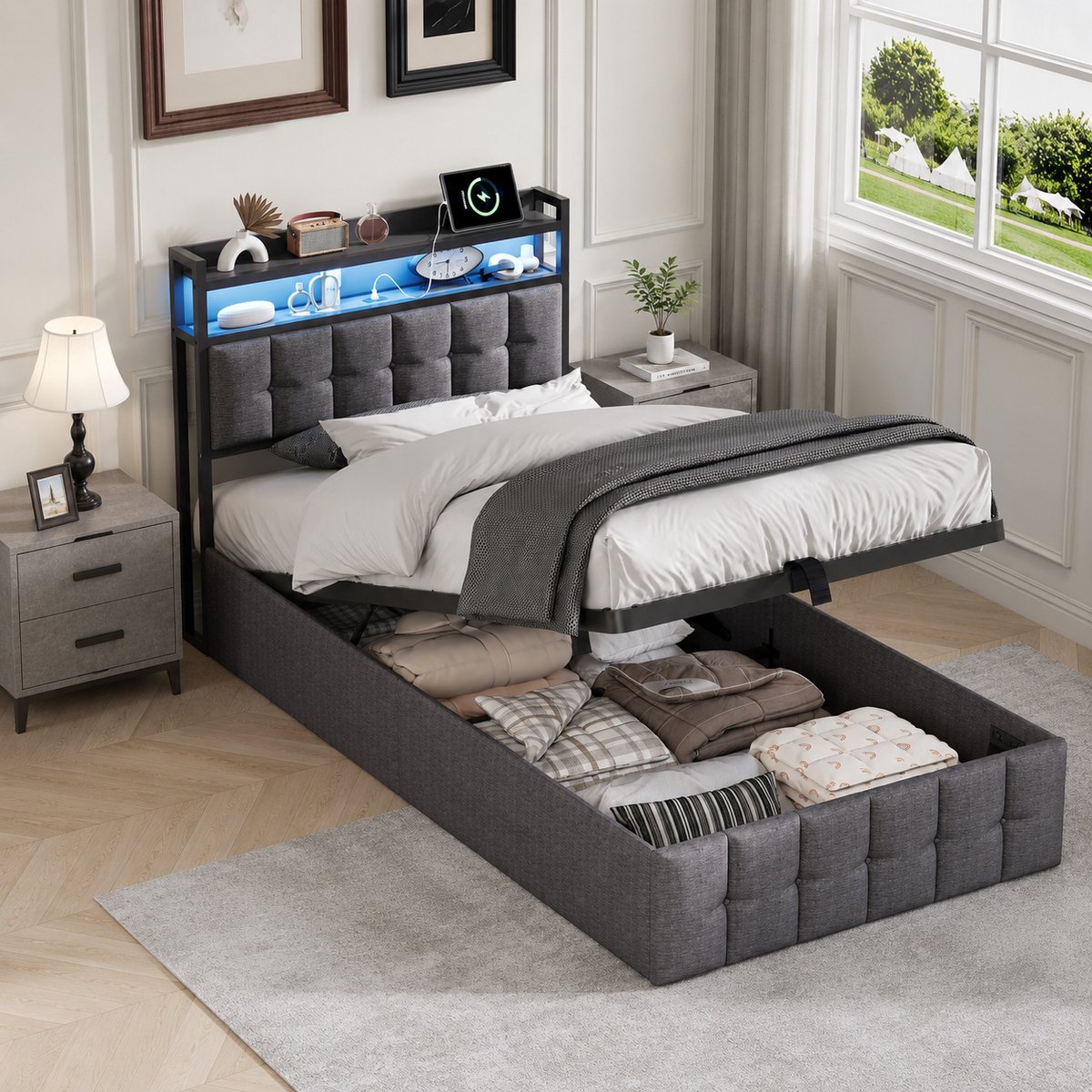 Opbergbed 90 x 200 cm, led-verlichtingsbed met USB-Oplader, Eenpersoonsbed met Gestoffeerd Hoofdbord, met hydraulische hendel, met Opbergruimte, Lattenbodem, voor jongens en meisjes - linnen Donkergrijs