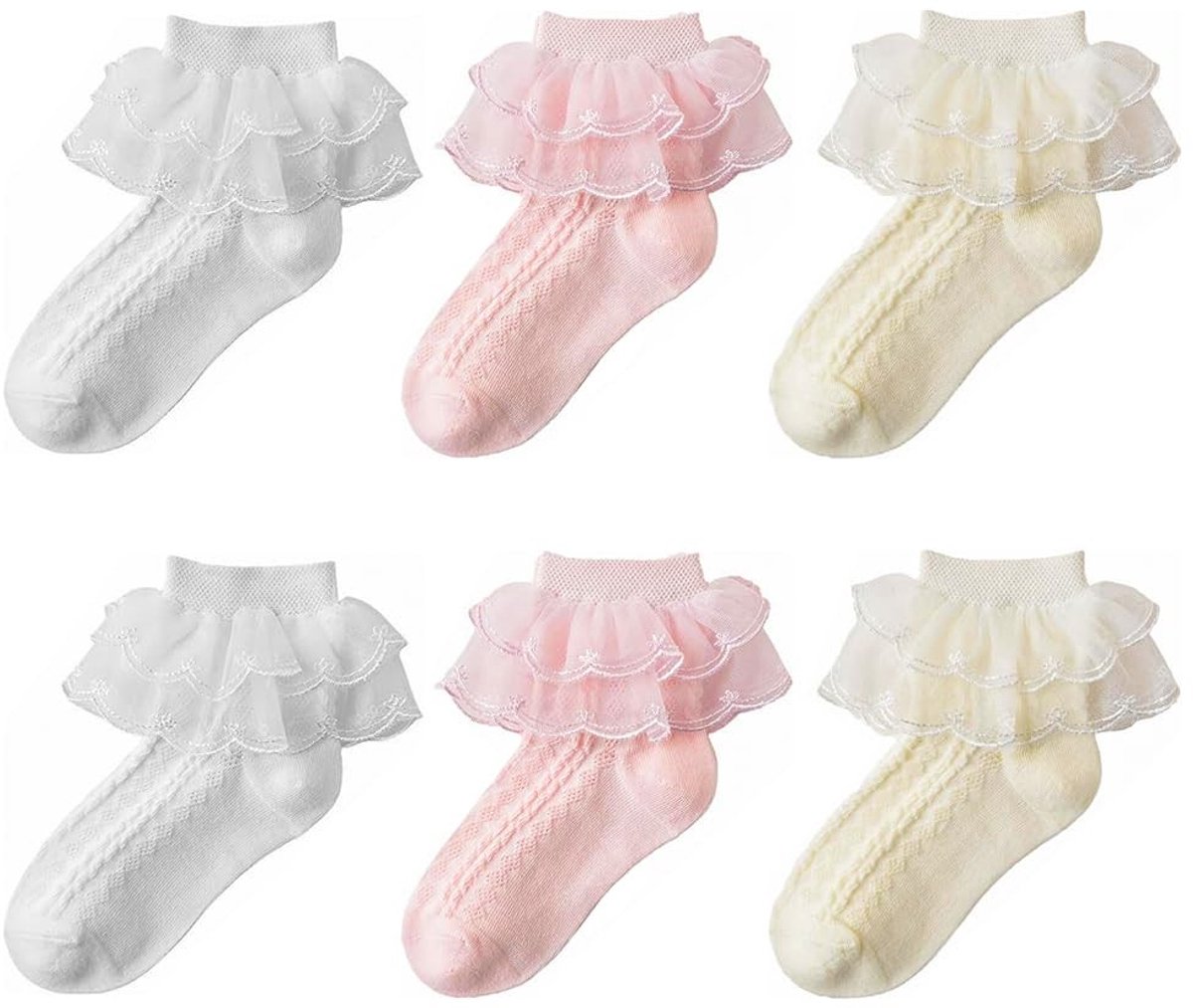 Dailygoods - Set van 6 Kanten Meisjeskousen met Ruches voor Kinderen