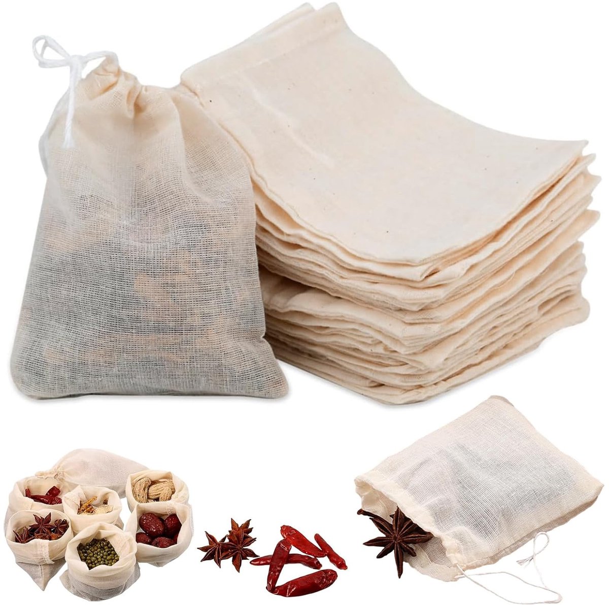 Dailygoods - Set van 50 Herbruikbare Katoenen Zakjes met Trekkoord