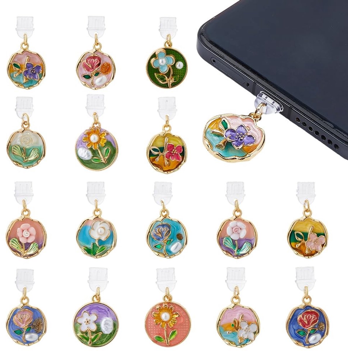Dailygoods - Set van 16 Bloemen Stofstekkers voor Telefoon en Oplaadpoort