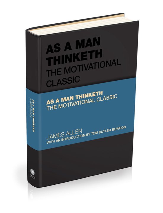 Boek met zwarte kaft, blauwe band met titel 'AS A MAN THINKETH THE MOTIVATIONAL CLASSIC JAMES ALLEN'.