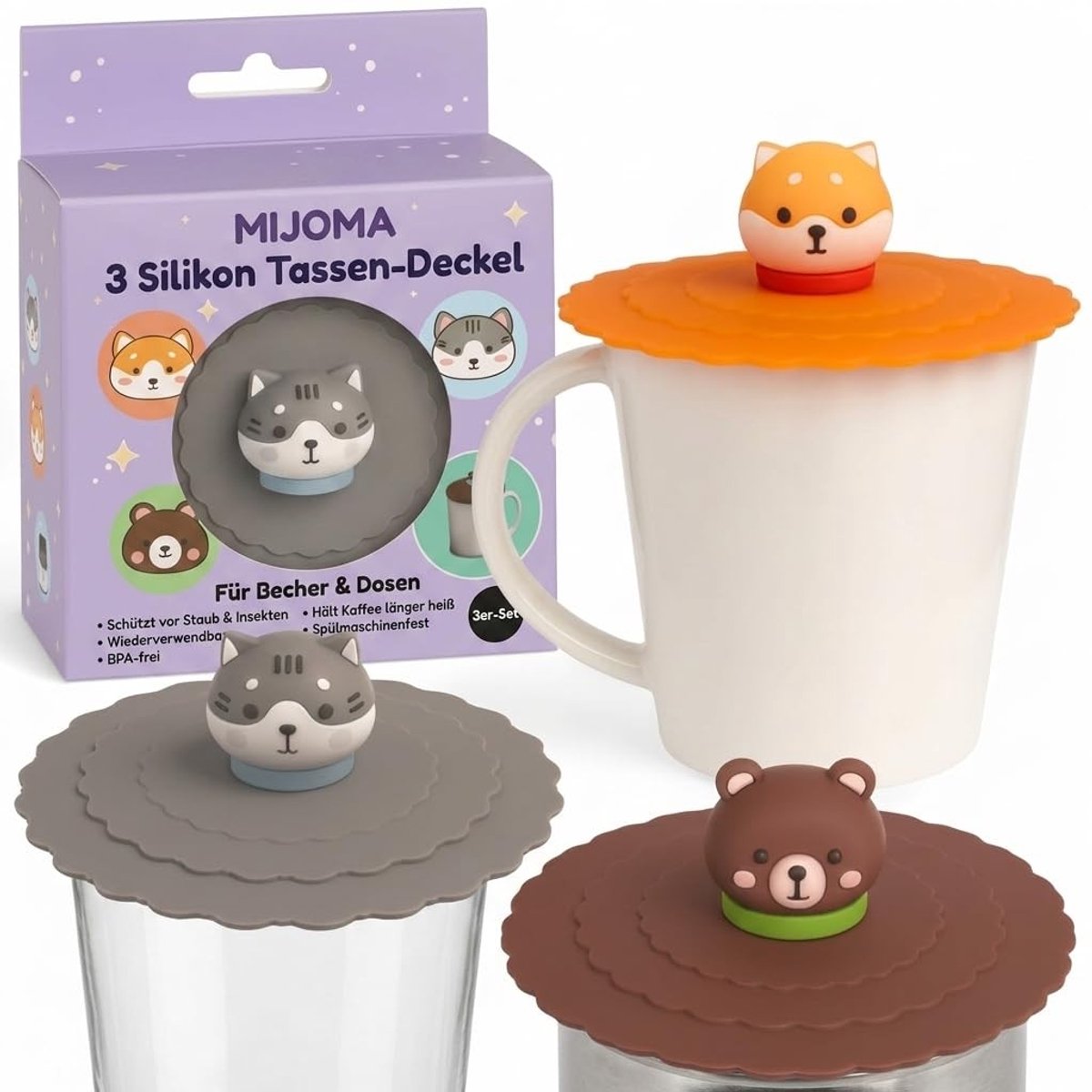 Dailygoods - Kawaii Siliconen Bekerdeksels Set van 3 Dierenmotieven
