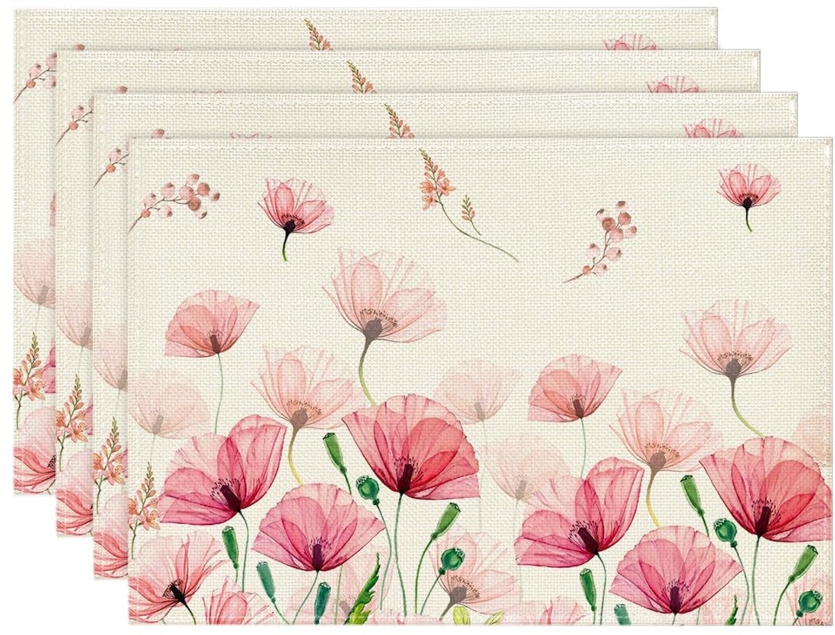 Dailygoods - 4-delige Set Wasbare Placemats met Klaprozen voor Tafeldecoratie