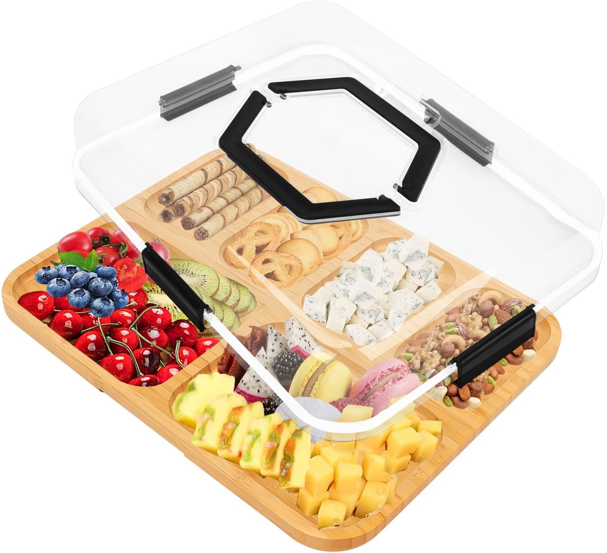 Dailygoods - Bamboe Dienblad met Deksel en 6 Sleuven voor Snacks en Fruit