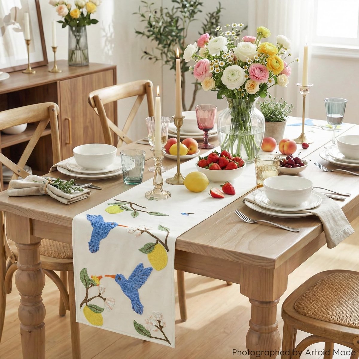Dailygoods - Zachte Tafelloper met Blauwe Vogels en Citroenen, 33 x 183 cm