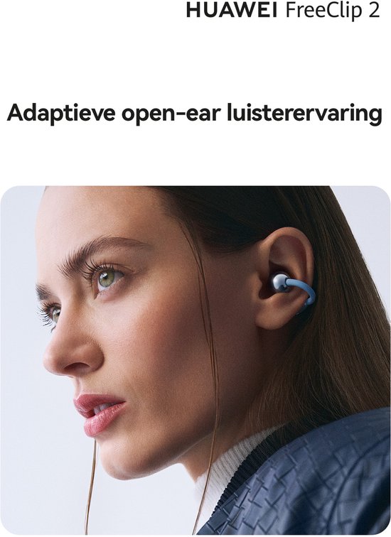 HUAWEI FreeClip 2: adaptieve open-ear luisterervaring met een vrouw die ze draagt.