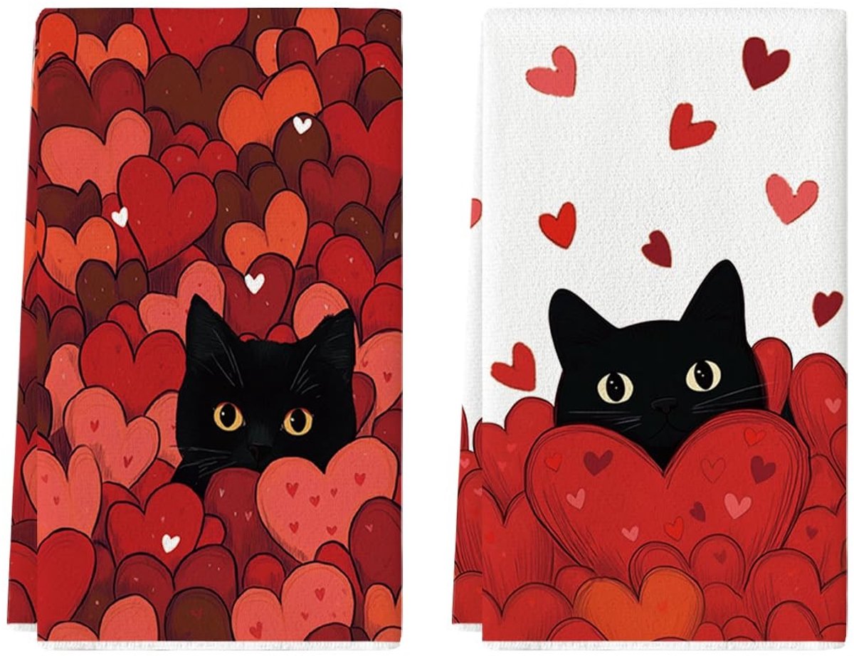 Dailygoods - Set van 2 Keukendoeken met Liefde Hart en Zwarte Kat Design