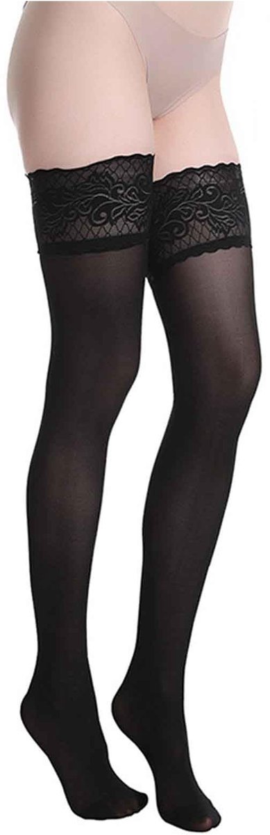 Allecto - Dames dij hoge kousen - Kanten top met siliconen - Zwarte kleur - Nylon panty sok - Perfect voor elke outfit - 2 paar