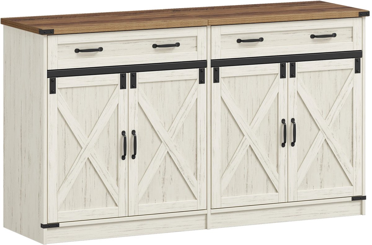 Naiz® - Keukenkast - Dressoir - Verstelbare planken - Opbergkast - 2 lades - 4 deuren - 140 x 40 x 80 cm - Wit/Bruin - Landelijke stijl