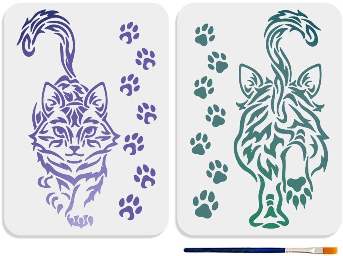 Cosensi - Dailygoods - Dailygoody - Wandelen met katten - Kunstsjablonen - 2 stuks - Herbruikbare kattenpootafdrukken - Creatief schilderen - Huisdier thema