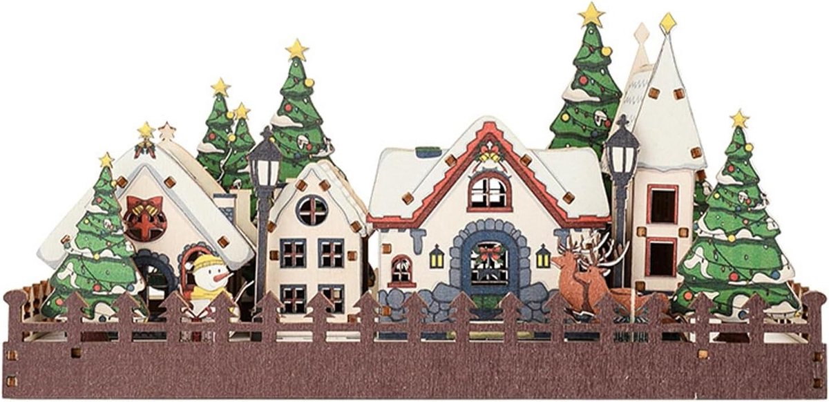 Kerstdorp Hout - Verlichte Huisjes - Feestelijke Decoratie - Complete Set - 35x28x5 cm - Niet gespecificeerd