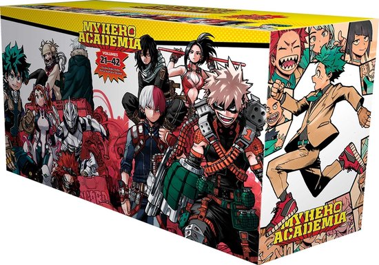 Coffret My Hero Academia avec les volumes 21-42, illustrant les personnages Deku, Bakugo, Todoroki et d'autres.