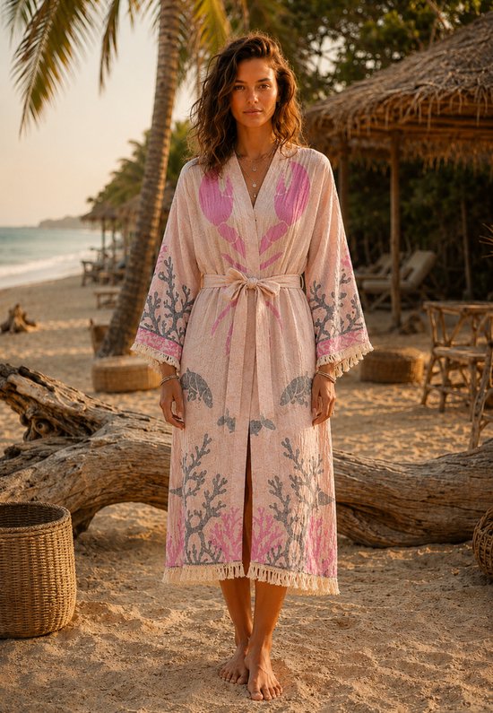 Kimono Dames Sauna & Wellness - Lichtroze Badjas - Kreeft