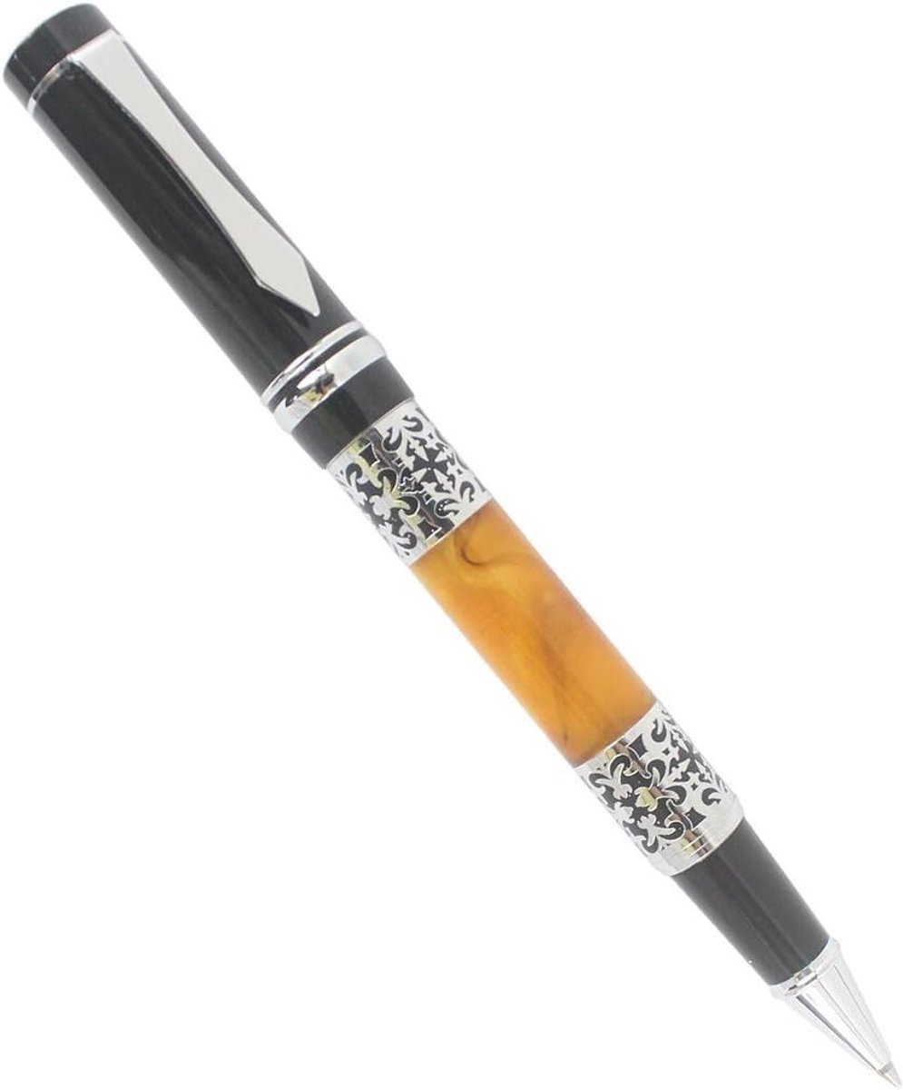 Vintage Style?Carving Flower Shape Rollerball Pen Silver Clip - Black and Orange