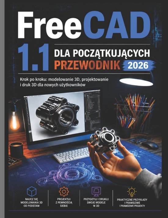 Boekomslag FreeCAD 1.1 gids 2026 met een 3D-ontwerp op een scherm en een hand die een geprint model vasthoudt.