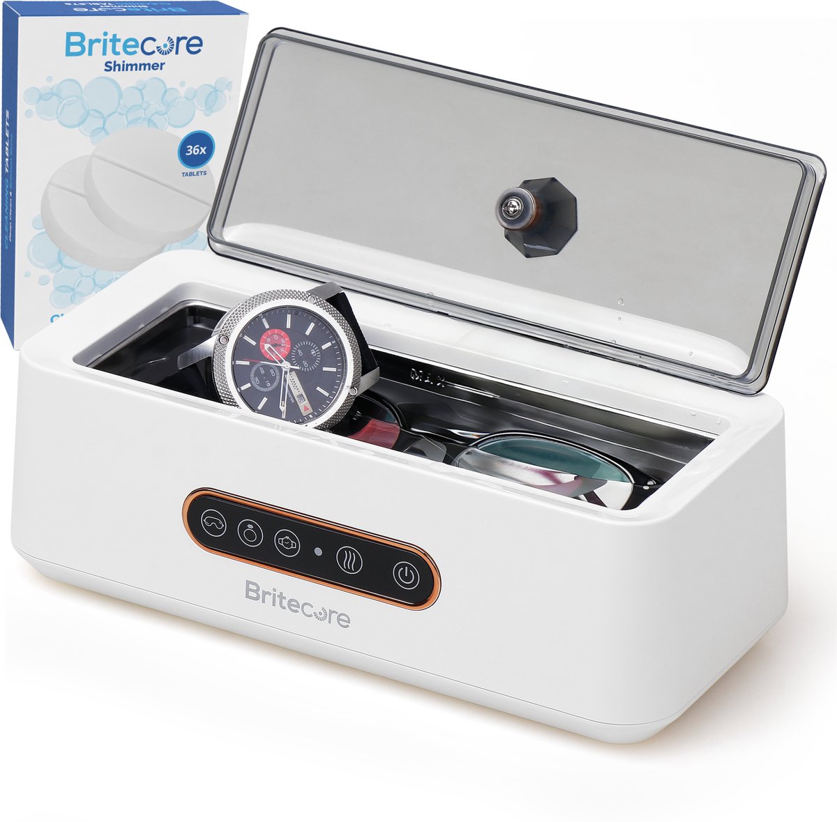 Britecore Ultrasoon Reiniger - Met 36 Schoonmaaktablets - Ultrasone Reiniger voor Horloges, Sieraden en Brillen - Met kleine Tray - Touchbediening