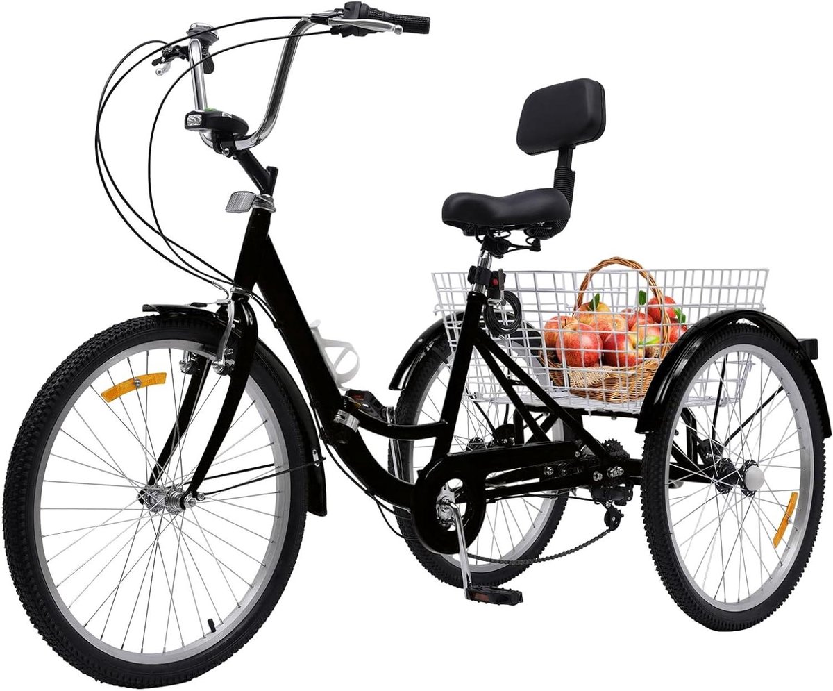 Driewieler Volwassenen - Ouderen Fiets - Boodschappen Doen - 7 Versnellingen - 24 Inch Wielen - Zwart