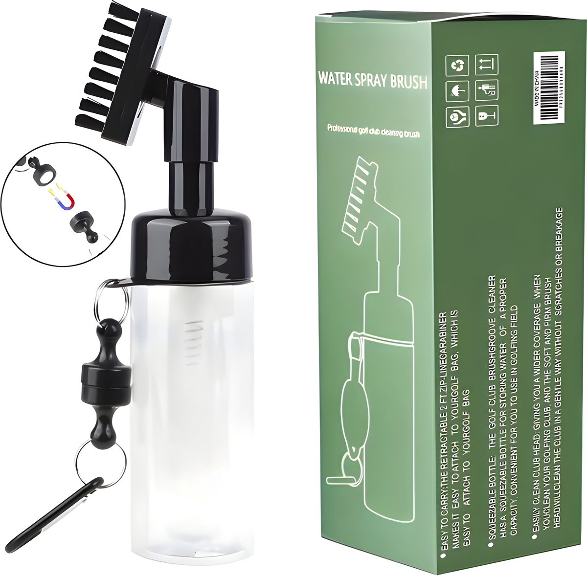 Stripe water golfborstel met magneet, transparante fles, club cleaner