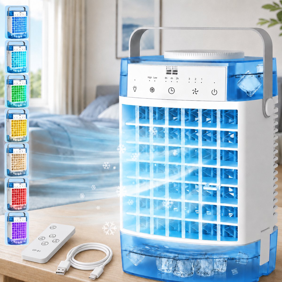 Rosnek 4-in-1 Mini Airco & Luchtkoeler - Aircooler Zonder Afvoerslang met 1600ML Dubbel Waterreservoir - Tafelventilator met Luchtbevochtiger & Nachtlampje - USB - Draagbaar voor Slaapkamer & Kantoor - Blauw