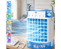Rosnek 4-in-1 Mini Airco & Luchtkoeler – Aircooler Zonder Afvoerslang met 1600ML Dubbel Waterreservoir – Tafelventilator met Luchtbevochtiger & Nachtlampje – USB – Draagbaar voor Slaapkamer & Kantoor – Blauw