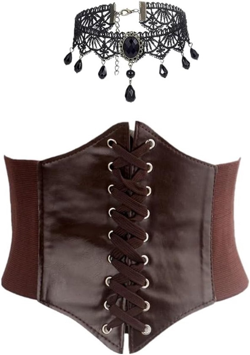 Gothic Corset Set voor Vrouwen met Mediëval Piratenkostuum en Bruine Kanten Choker - One Size, Perfect voor Feestjes en Cosplay
