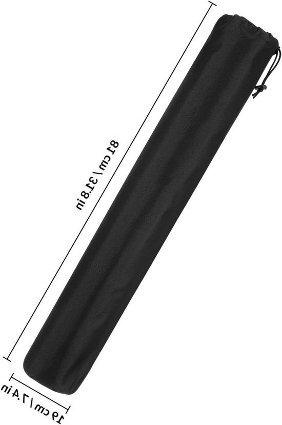 Zwarte, duurzame opbergtas, 81 cm lang, 19 cm breed.