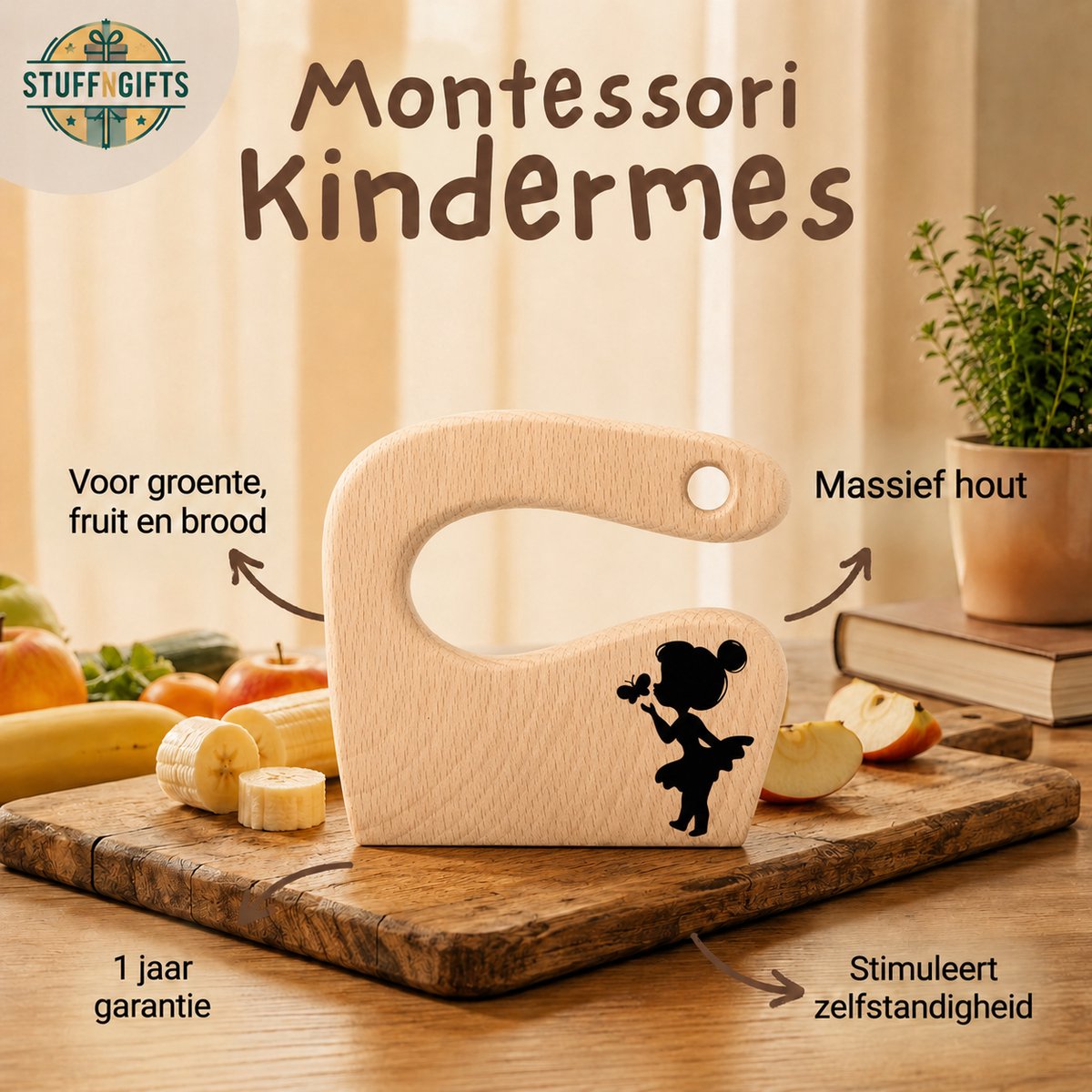 Montessori Houten Kindermes - Fairy - Kinder Koksmes - Peuter kok - Verjaarsdag cadeau klein - Houten Kinderbestek - Leren Snijden en Koken voor Kinderen - Montessori Speelgoed - Sint cadeau - Schoen cadeau