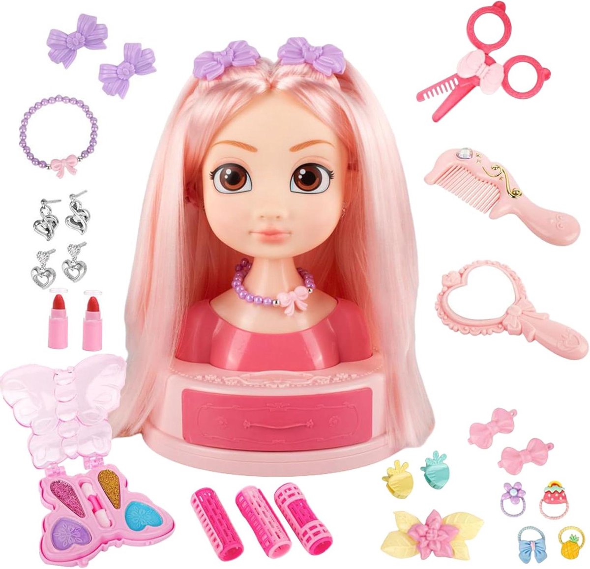 Kappersspeelset Meisjes - Verkleedset Salon - Rollenspel Uren - Met Haar en Accessoires - 17.6 x 10.2 x 8.6 cm