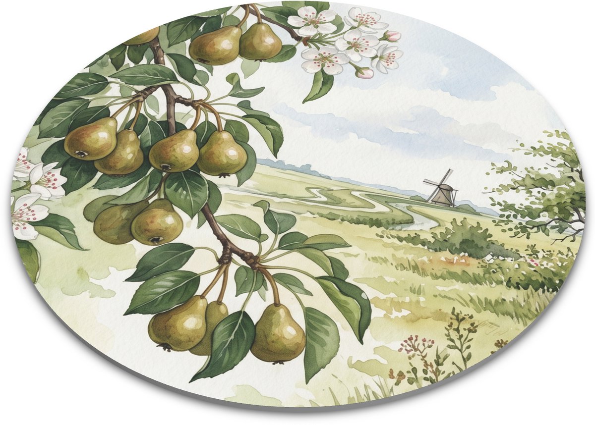 Ronde muismat aquarel landschap met Hollandse Wilde peer bloesem en vruchten aan tak - Botanische illustratie polder met molen - Natuur muismatje voor bureau