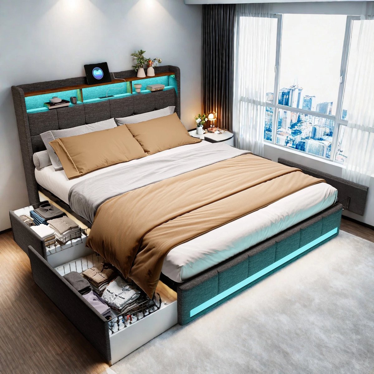 Opbergbed 160x200 met LED en USB-C – Gestoffeerd Tweepersoonsbed met 4 Laden en Lattenbodem – Linnen Grijs – Zonder Matras