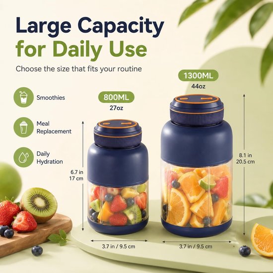 Blender To Go - 1300 ml - Mini Blender - Draadloze Blender - Smoothie maker - Fruitpers - Sapcentrifuge voor sport, reizen en lichte maaltijden - 20.5x9,5cm van Blender To Go — afbeelding 2