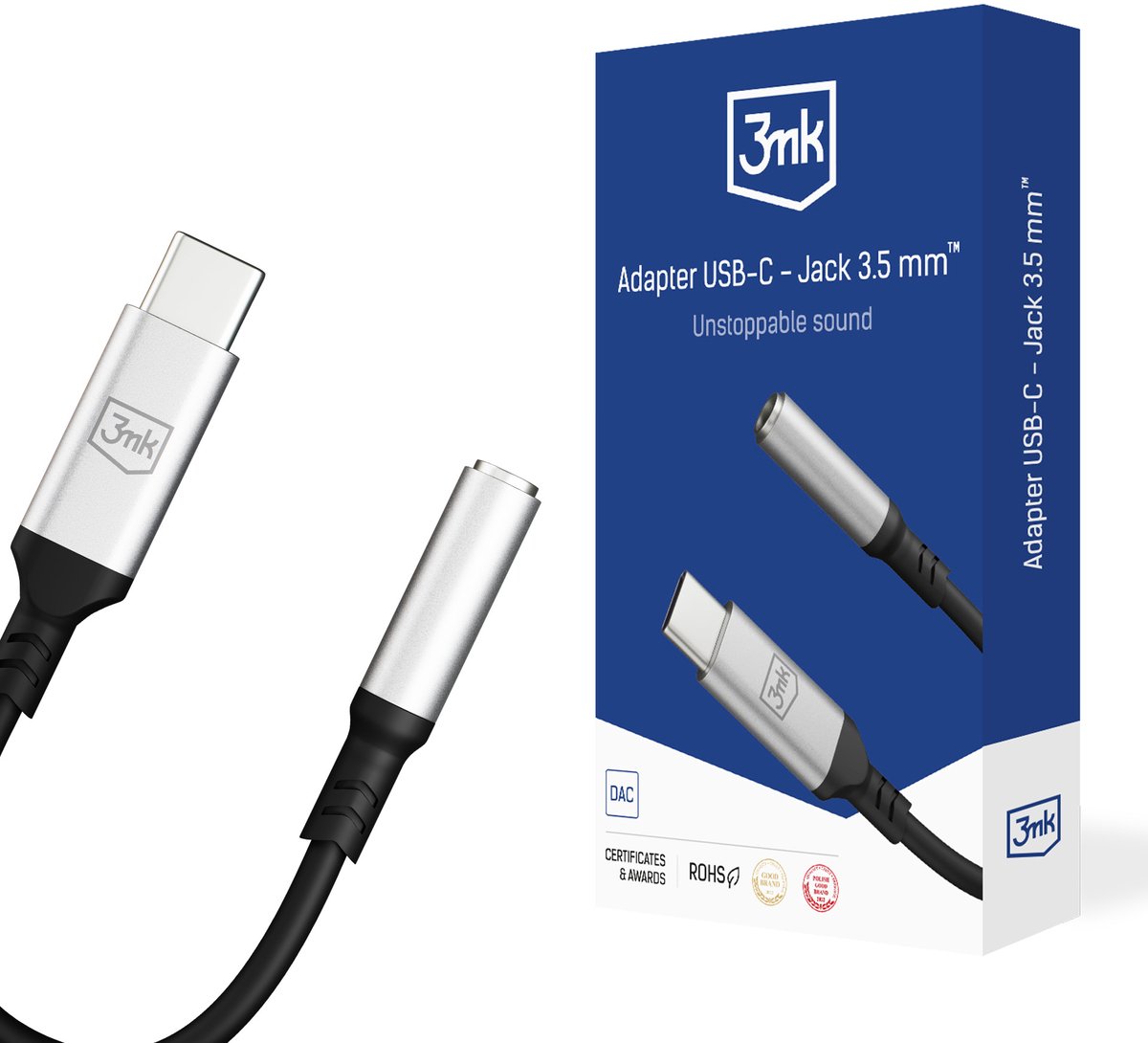 3mk, Audio-adapter USB C mannetje naar Jack 3,5mm vrouwtje, Zwart / Zilveren