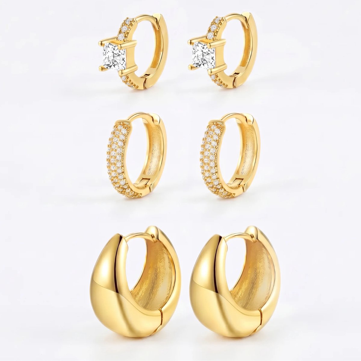 Studio Aurélie Oorbellen 3-set - Goudkleurige Zirkonia 3-delige Set - Vrouwen Sieraden - Dames Juwelen - Oorbel