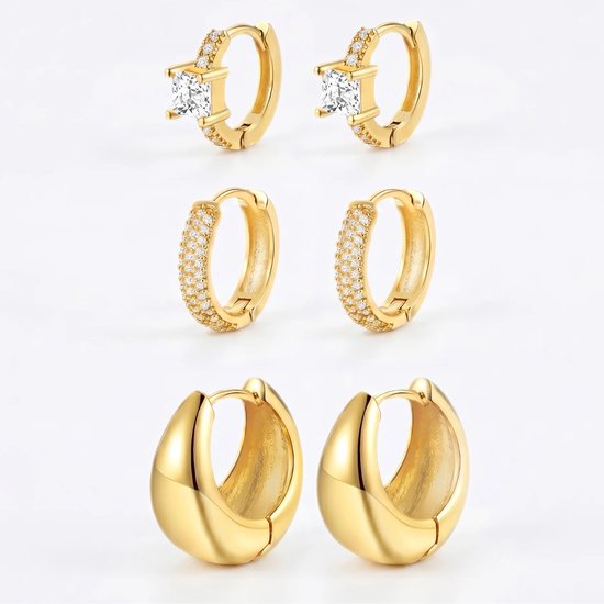 Studio Aurélie Oorbellen 3-set - Goudkleurige Zirkonia 3-delige Set - Vrouwen Sieraden - Dames Juwelen - Oorbel